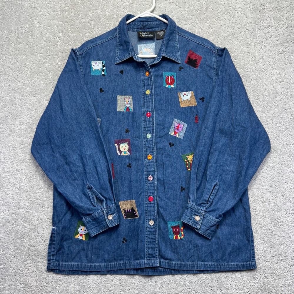 VINTAGE Silver Threads Denim Shirt Womens Large Blue Button Up Embroidered Cats